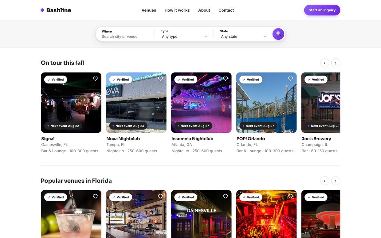 Bashline, a venue booking marketplace I built: search bar, venue cards with photos, verified badges, locations and guest capacity.